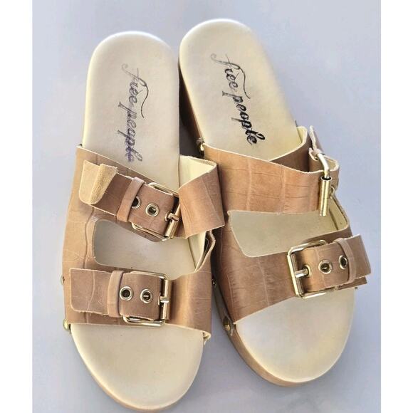 Free People Shoes - Free People Fiona Cream Croc Buckle Stud Accent Wooden Cushioned Clogs Size US 8